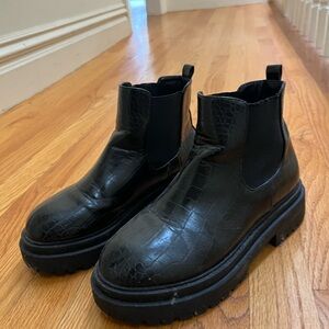 Black Croc-Embossed Ankle Boots